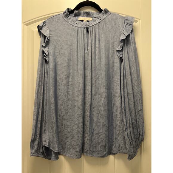NWT Ann Taylor Loft Women’s Ruffle Neck Long Sleeve Top Blouse Size XL Blue - Picture 1 of 4